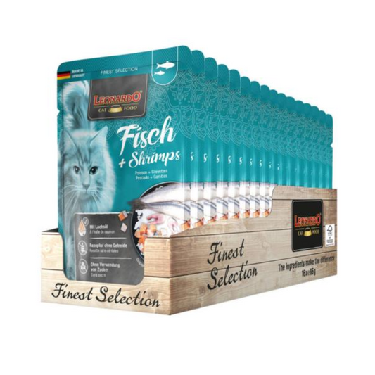 Leonardo - Sachet Gato Pescado Camarones (Caja 16 Unidades)